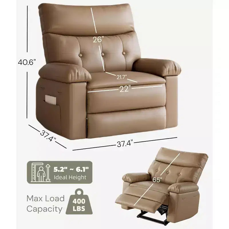 Fauteuil inclinable XL – Fauteuil inclinable manuel en cuir PU pour adultes, Fauteuil relax confortable avec accoudoirs et dossier rembourrés, Poche latérale, Canapé simple