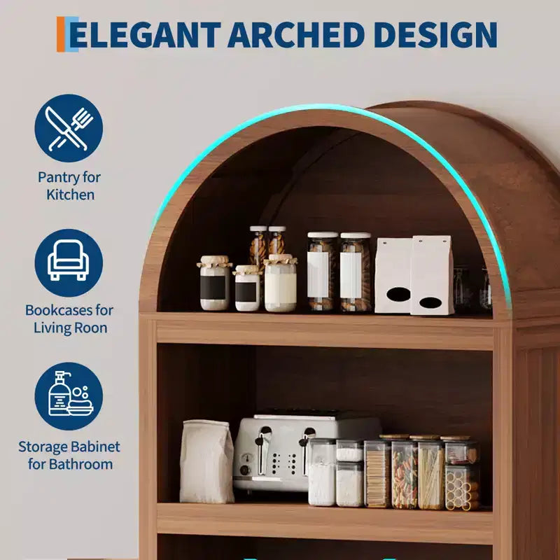 Meuble de cuisine autoportant de 71 po avec portes cintrées, buffet de rangement 5 niveaux avec étagères réglables, meuble de salle de bain avec étagères