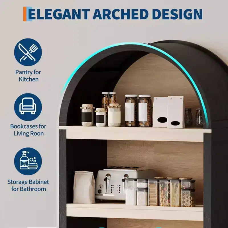 Meuble de cuisine autoportant de 71 po avec portes cintrées, buffet de rangement 5 niveaux avec étagères réglables, meuble de salle de bain avec étagères
