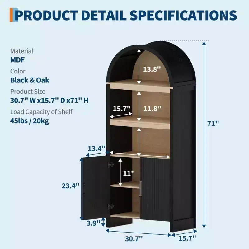 Meuble de cuisine autoportant de 71 po avec portes cintrées, buffet de rangement 5 niveaux avec étagères réglables, meuble de salle de bain avec étagères