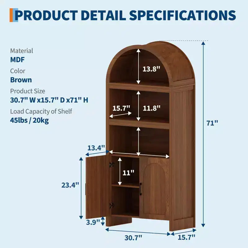 Meuble de cuisine autoportant de 71 po avec portes cintrées, buffet de rangement 5 niveaux avec étagères réglables, meuble de salle de bain avec étagères