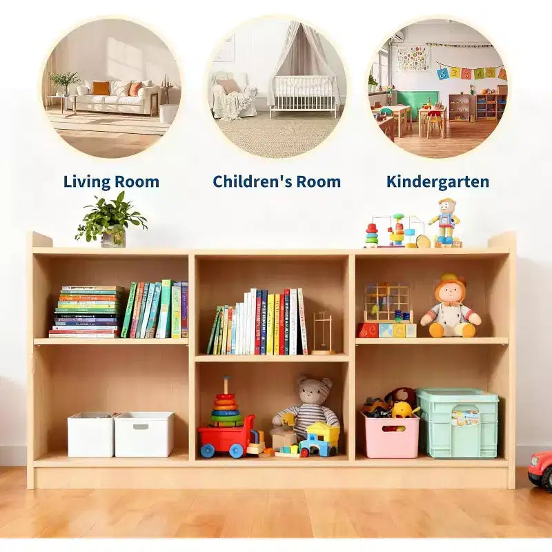 Étagère Montessori, Organisateur de livres et jouets à 6 compartiments avec séparateurs réglables, Bibliothèque pour enfants en finition naturelle pour salles de jeux, salles de classe