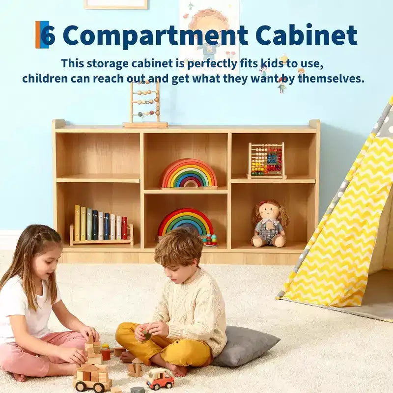Étagère Montessori, Organisateur de livres et jouets à 6 compartiments avec séparateurs réglables, Bibliothèque pour enfants en finition naturelle pour salles de jeux, salles de classe