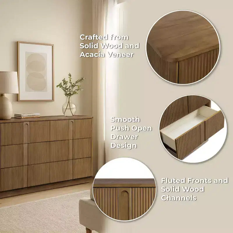 Teamson Home Potomac Commode à 6 tiroirs en bois massif de style bohème moderne avec rangement profond, ouverture par pression et bords arrondis