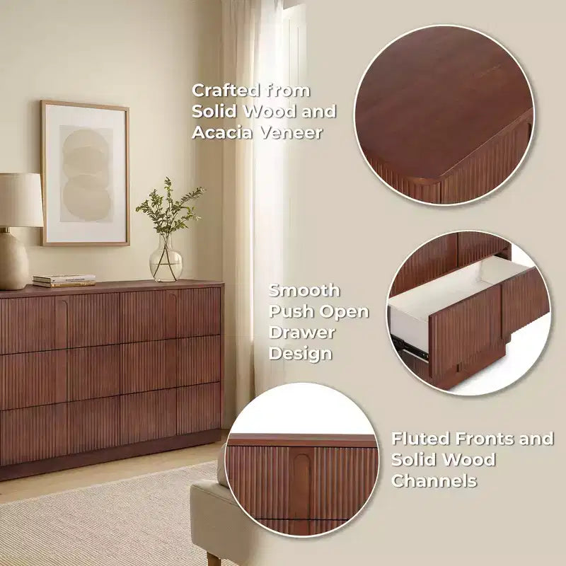 Teamson Home Potomac Commode à 6 tiroirs en bois massif de style bohème moderne avec rangement profond, ouverture par pression et bords arrondis