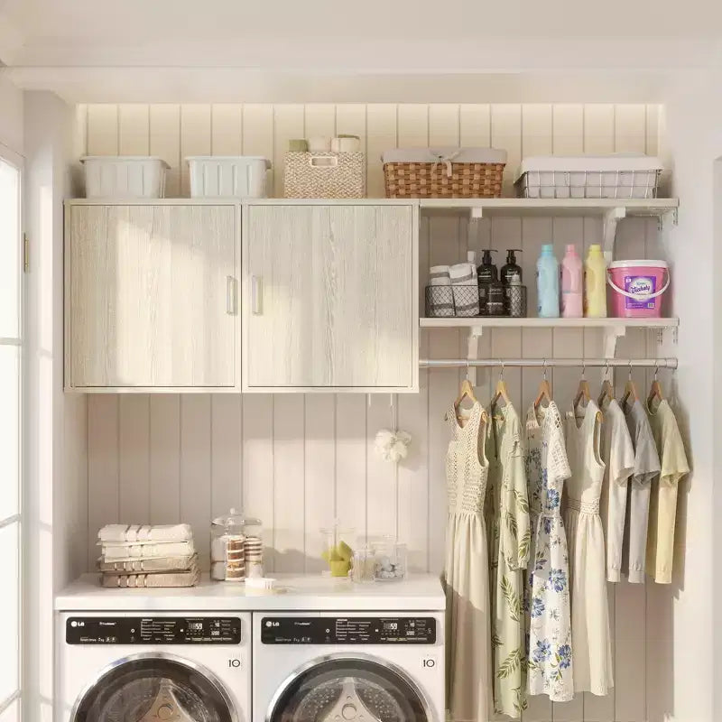 Besiost Laundry Room Organizer Cabinet with Hanging Rods, Adjustable Shelves, Clothes Rack with Doors