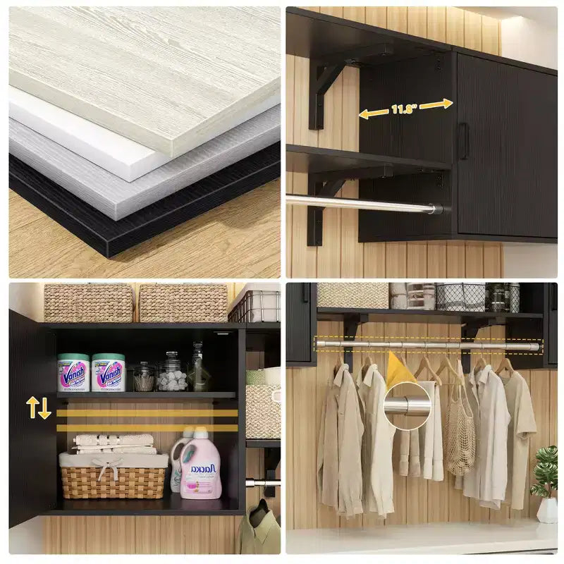 Meuble de Rangement pour Buanderie Besiost avec Tringles, Étagères Réglables, Séchoir à Linge et Portes