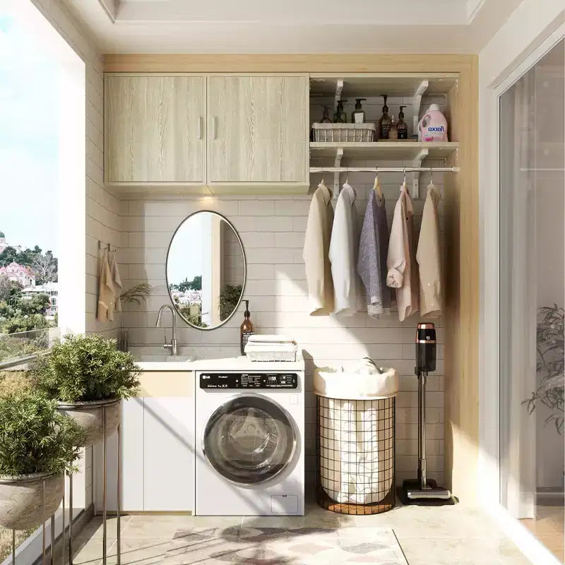 Meuble de Rangement pour Buanderie Besiost avec Tringles, Étagères Réglables, Séchoir à Linge et Portes