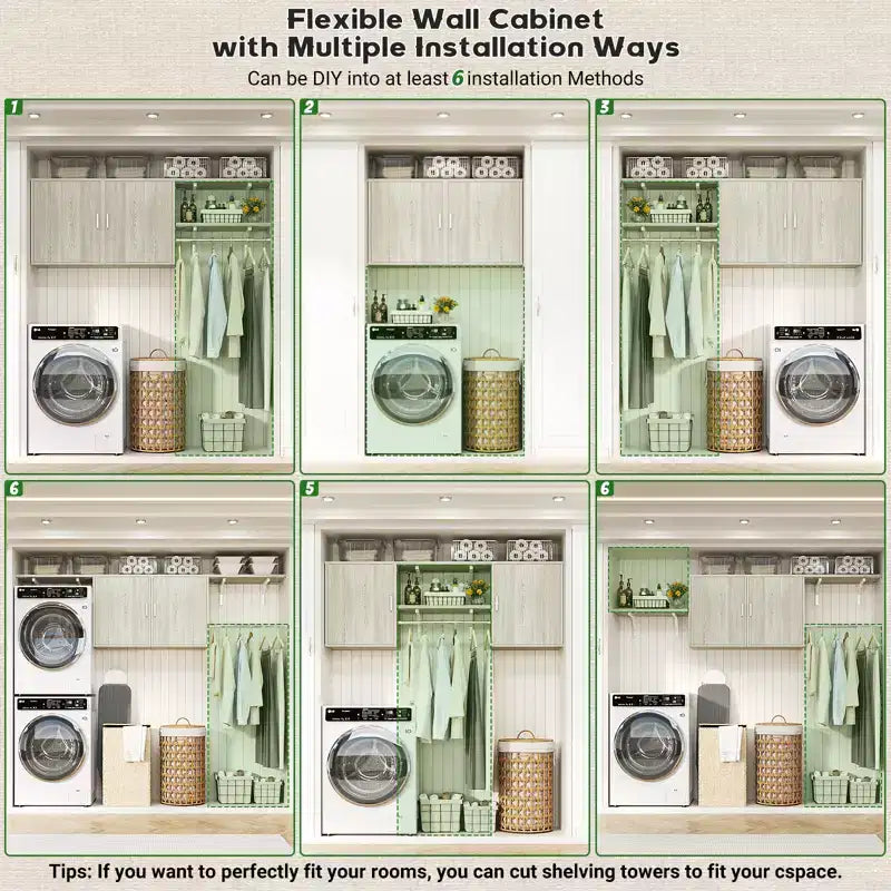 Meuble de Rangement pour Buanderie Besiost avec Tringles, Étagères Réglables, Séchoir à Linge et Portes