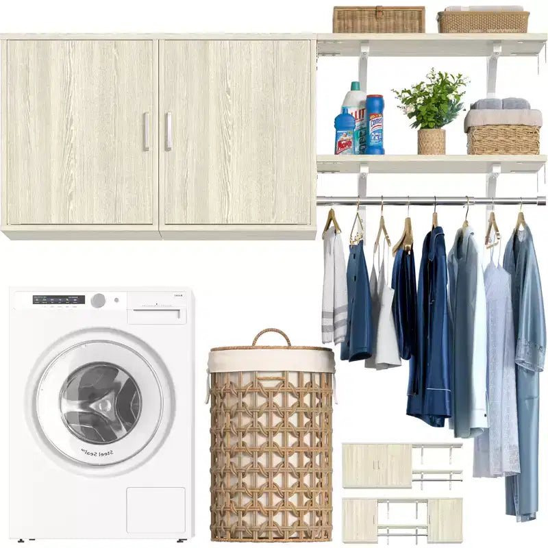 Meuble de Rangement pour Buanderie Besiost avec Tringles, Étagères Réglables, Séchoir à Linge et Portes