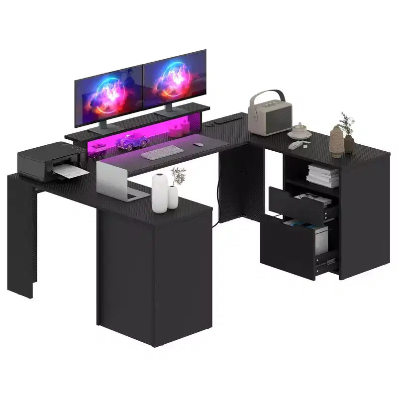 Bureau d'angle en U pour ordinateur et jeux avec tiroirs, étagères de rangement et étagère de rangement pour disques vinyles, noir