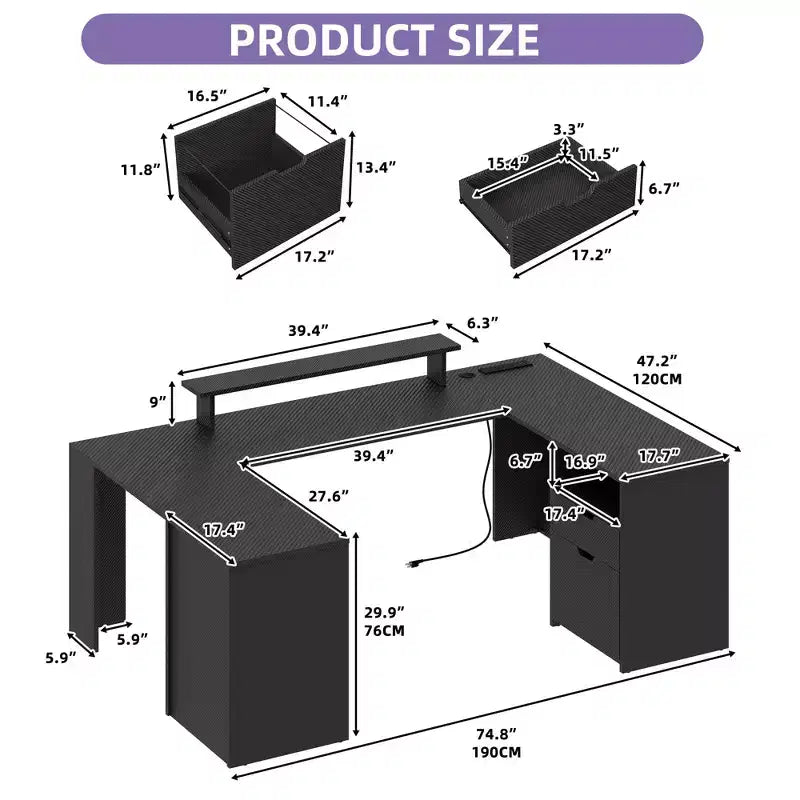 Bureau d'angle en U pour ordinateur et jeux avec tiroirs, étagères de rangement et étagère de rangement pour disques vinyles, noir