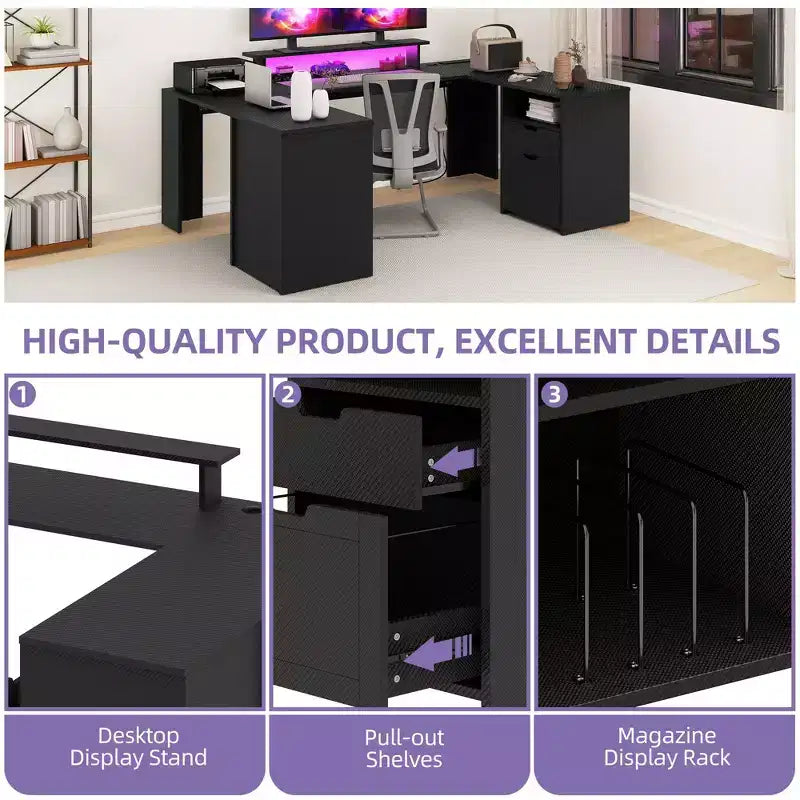 Bureau d'angle en U pour ordinateur et jeux avec tiroirs, étagères de rangement et étagère de rangement pour disques vinyles, noir