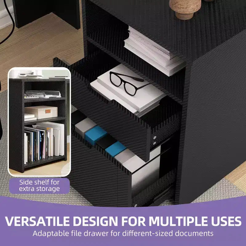 Bureau d'angle en U pour ordinateur et jeux avec tiroirs, étagères de rangement et étagère de rangement pour disques vinyles, noir