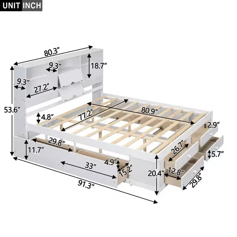 Lit plateforme Luxystar en bois avec tête de lit de rangement et 8 tiroirs