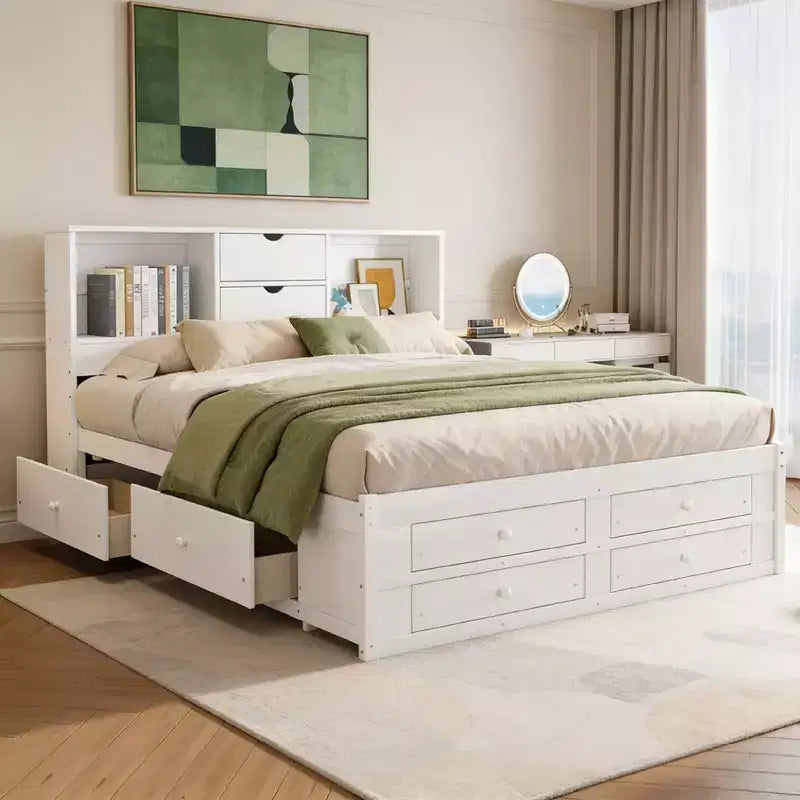 Lit plateforme Luxystar en bois avec tête de lit de rangement et 8 tiroirs