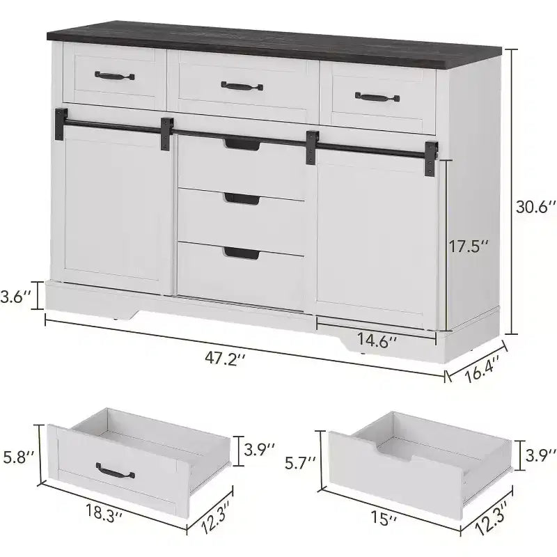 Commode Acekool Farmhouse à 6 tiroirs avec portes coulissantes de grange, organisateur rustique et meuble TV pour chambre à coucher, salon