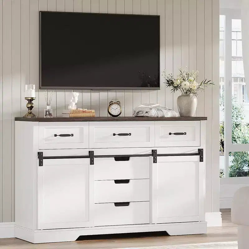 Commode Acekool Farmhouse à 6 tiroirs avec portes coulissantes de grange, organisateur rustique et meuble TV pour chambre à coucher, salon