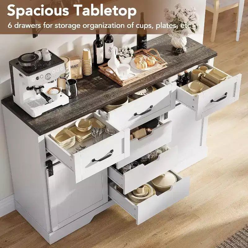 Commode Acekool Farmhouse à 6 tiroirs avec portes coulissantes de grange, organisateur rustique et meuble TV pour chambre à coucher, salon