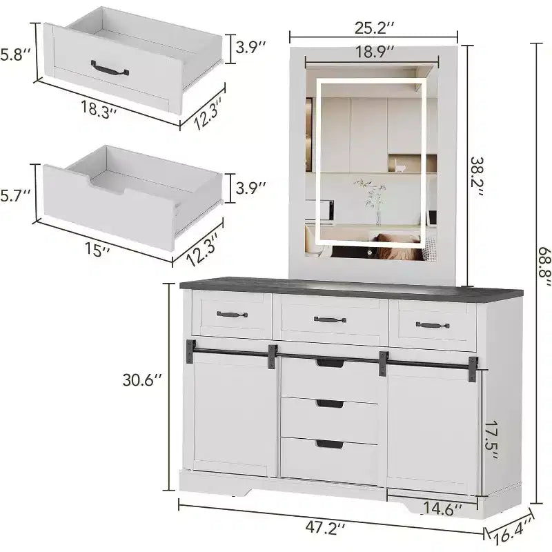 Commode Acekool Farmhouse à 6 tiroirs avec portes coulissantes de grange, organisateur rustique et meuble TV pour chambre à coucher, salon
