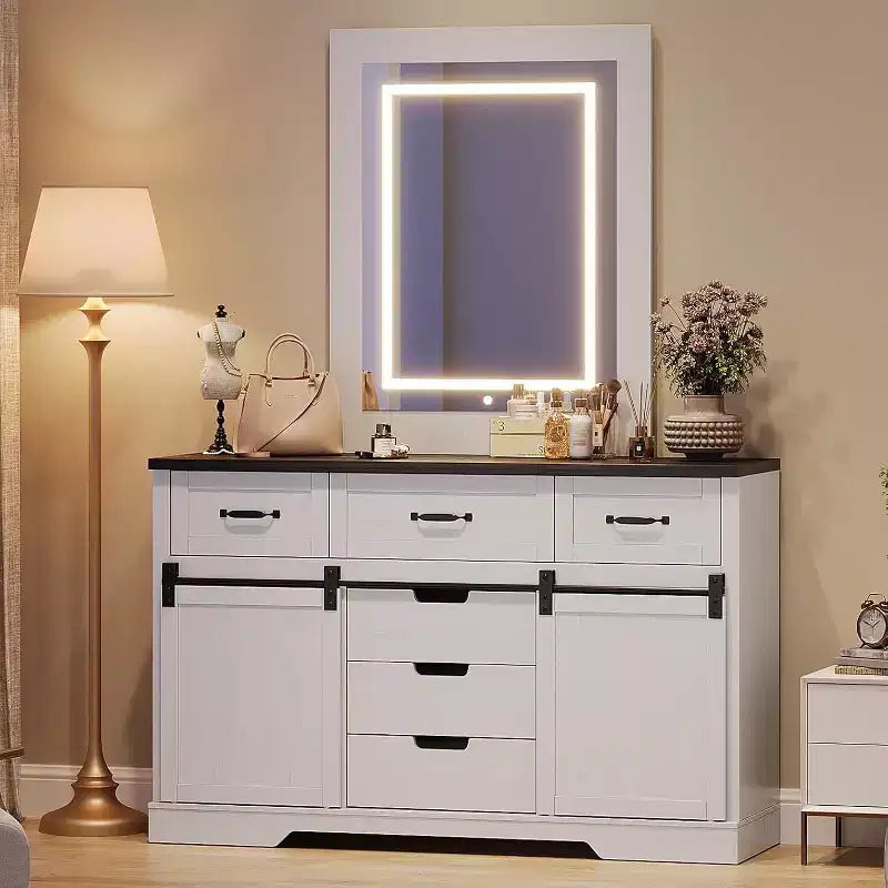 Commode Acekool Farmhouse à 6 tiroirs avec portes coulissantes de grange, organisateur rustique et meuble TV pour chambre à coucher, salon