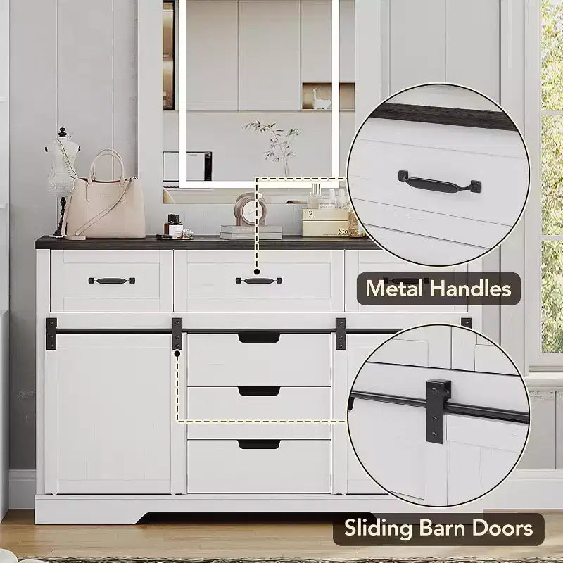 Commode Acekool Farmhouse à 6 tiroirs avec portes coulissantes de grange, organisateur rustique et meuble TV pour chambre à coucher, salon