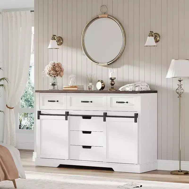 Commode Acekool Farmhouse à 6 tiroirs avec portes coulissantes de grange, organisateur rustique et meuble TV pour chambre à coucher, salon