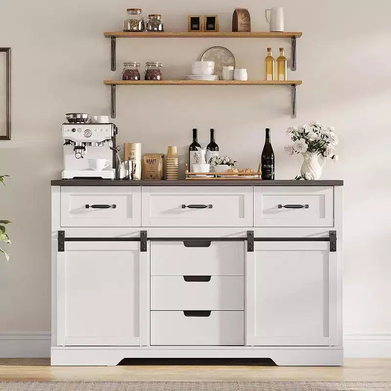 Commode Acekool Farmhouse à 6 tiroirs avec portes coulissantes de grange, organisateur rustique et meuble TV pour chambre à coucher, salon