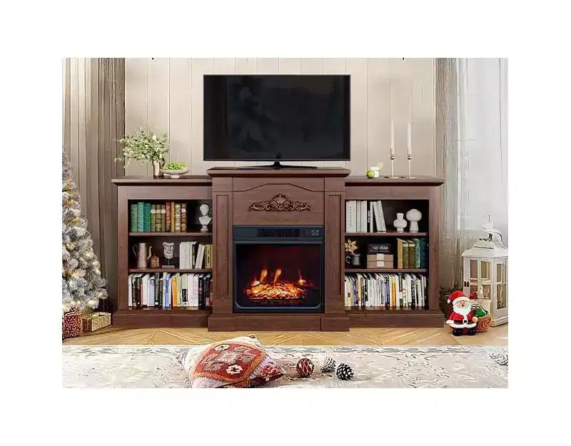 Meuble TV avec cheminée, meuble TV rustique de 67 po avec cheminée électrique de 18 po, console multimédia pour téléviseurs de 80 po avec étagère ouverte pour salon