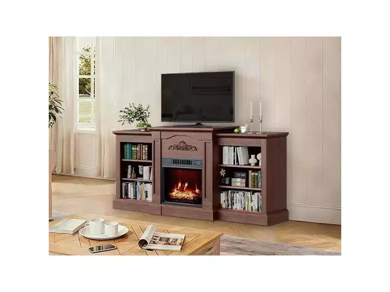 Meuble TV avec cheminée, meuble TV rustique de 67 po avec cheminée électrique de 18 po, console multimédia pour téléviseurs de 80 po avec étagère ouverte pour salon