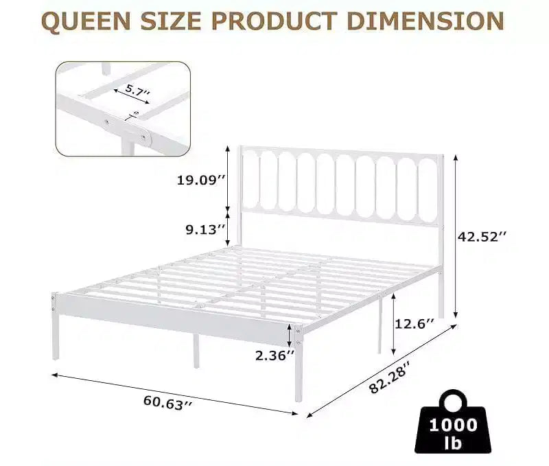 Cadre de lit Queen Size en métal blanc avec tête de lit ondulée, lit plateforme avec 2 tiroirs de rangement et espace sous le lit, aucun sommier tapissier requis, montage facile