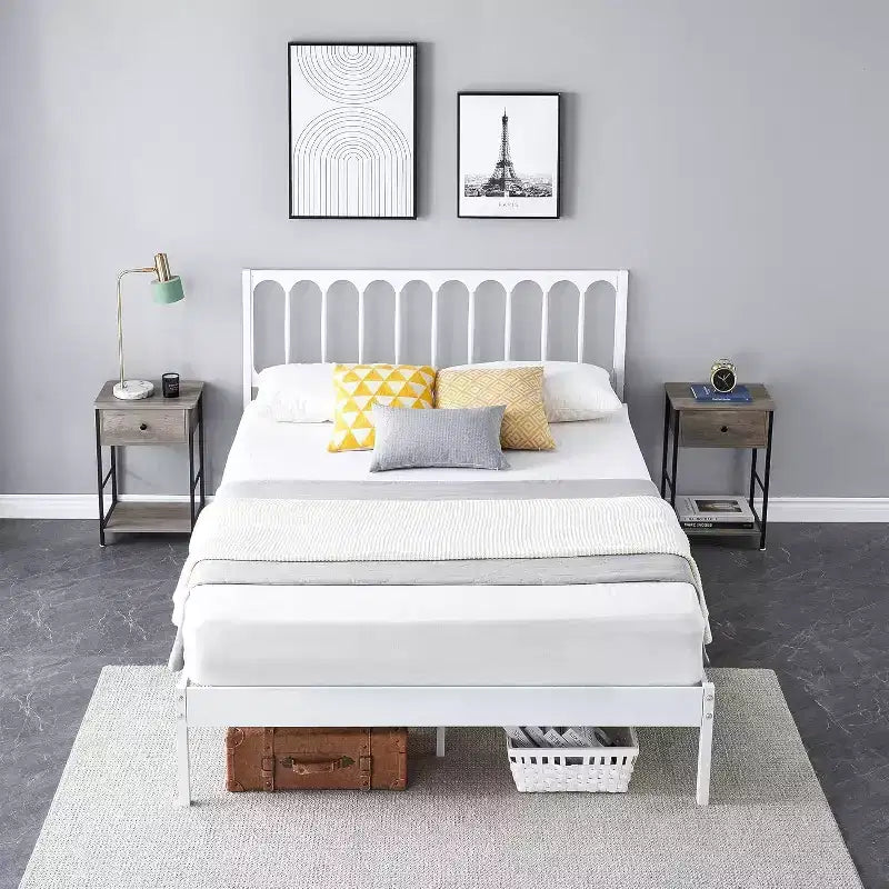 Cadre de lit Queen Size en métal blanc avec tête de lit ondulée, lit plateforme avec 2 tiroirs de rangement et espace sous le lit, aucun sommier tapissier requis, montage facile