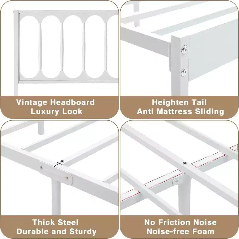 Cadre de lit Queen Size en métal blanc avec tête de lit ondulée, lit plateforme avec 2 tiroirs de rangement et espace sous le lit, aucun sommier tapissier requis, montage facile