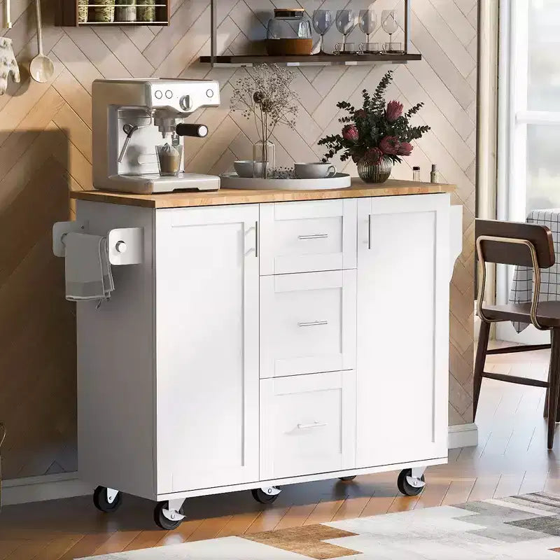 Îlot de cuisine, meuble de rangement roulant avec 3 tiroirs, plateau en bois d'hévéa, étagère à épices, 2 étagères coulissantes