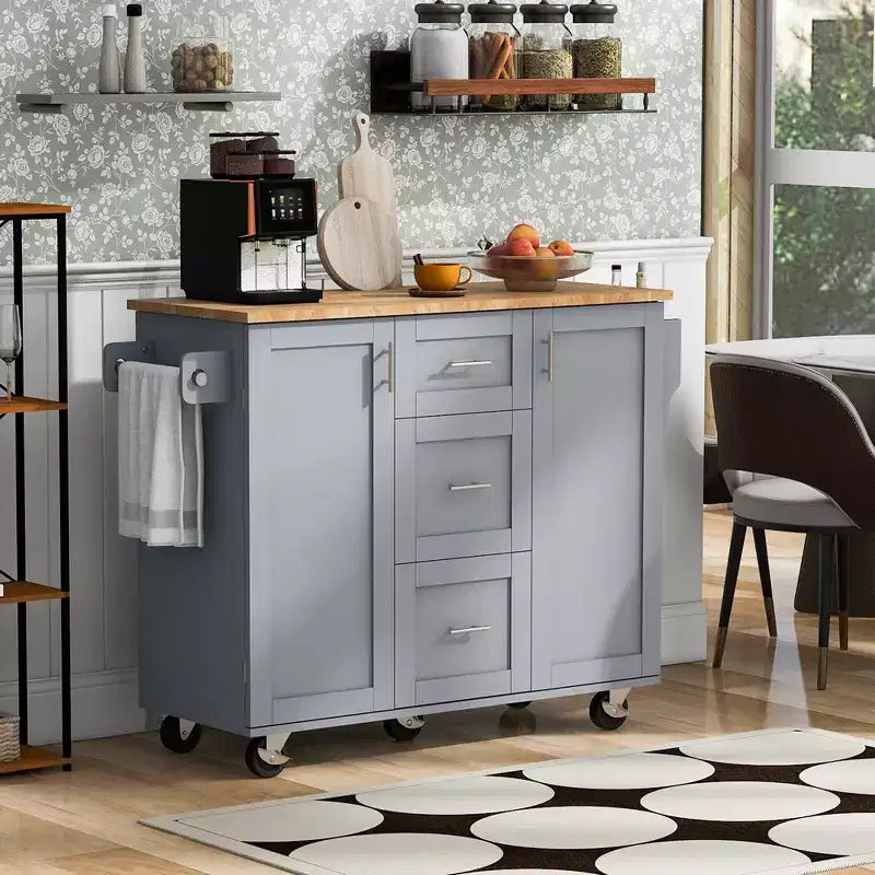 Îlot de cuisine, meuble de rangement roulant avec 3 tiroirs, plateau en bois d'hévéa, étagère à épices, 2 étagères coulissantes