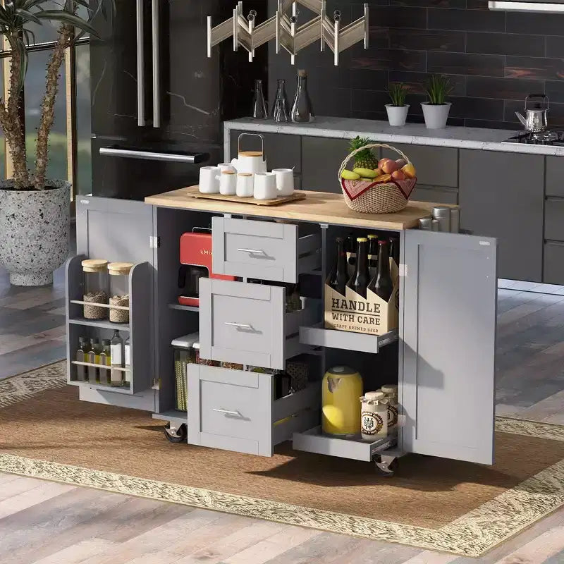 Îlot de cuisine, meuble de rangement roulant avec 3 tiroirs, plateau en bois d'hévéa, étagère à épices, 2 étagères coulissantes
