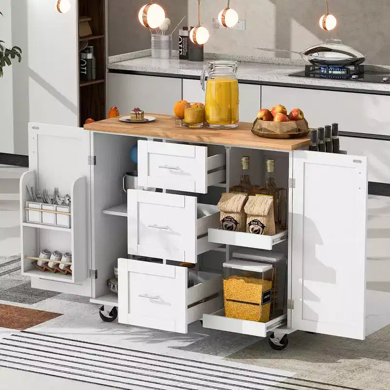 Îlot de cuisine, meuble de rangement roulant avec 3 tiroirs, plateau en bois d'hévéa, étagère à épices, 2 étagères coulissantes