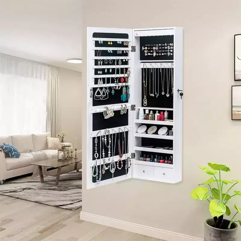 Meuble à bijoux, organisateur mural/à suspendre en bois avec miroir (non intégral) pour boucles d'oreilles/colliers/bracelets/montres/lunettes de soleil Blanc