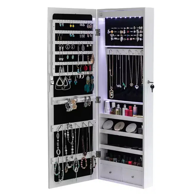 Meuble à bijoux, organisateur mural/à suspendre en bois avec miroir (non intégral) pour boucles d'oreilles/colliers/bracelets/montres/lunettes de soleil Blanc