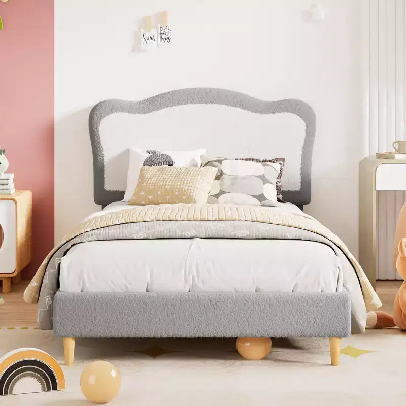 Cadre de lit simple/simple XL/double pour enfant avec jolie tête de lit, lit pour enfant, plateforme en velours, silencieux, sans sommier tapissier