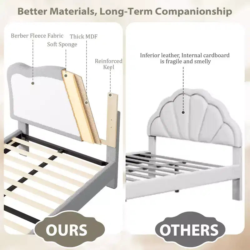 Cadre de lit simple/simple XL/double pour enfant avec jolie tête de lit, lit pour enfant, plateforme en velours, silencieux, sans sommier tapissier