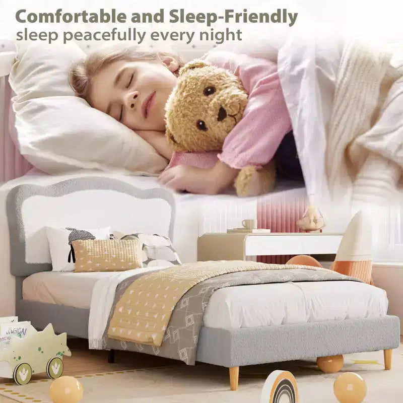 Cadre de lit simple/simple XL/double pour enfant avec jolie tête de lit, lit pour enfant, plateforme en velours, silencieux, sans sommier tapissier