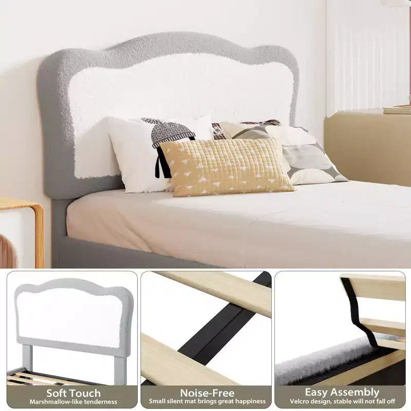 Cadre de lit simple/simple XL/double pour enfant avec jolie tête de lit, lit pour enfant, plateforme en velours, silencieux, sans sommier tapissier