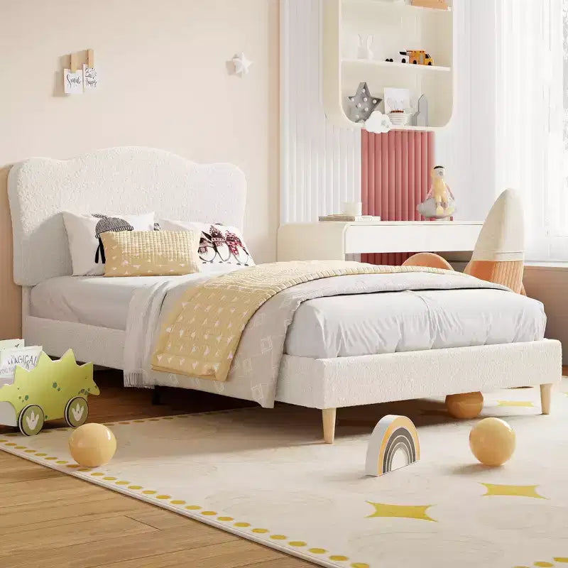 Cadre de lit simple/simple XL/double pour enfant avec jolie tête de lit, lit pour enfant, plateforme en velours, silencieux, sans sommier tapissier