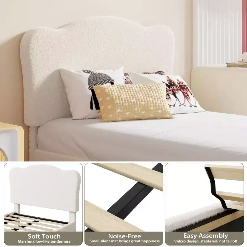 Cadre de lit simple/simple XL/double pour enfant avec jolie tête de lit, lit pour enfant, plateforme en velours, silencieux, sans sommier tapissier