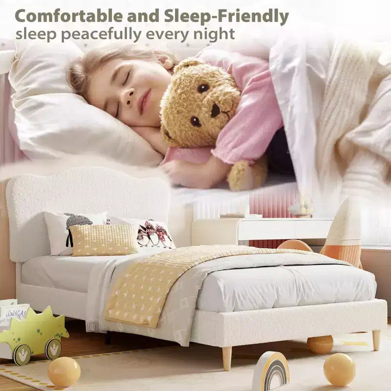 Cadre de lit simple/simple XL/double pour enfant avec jolie tête de lit, lit pour enfant, plateforme en velours, silencieux, sans sommier tapissier