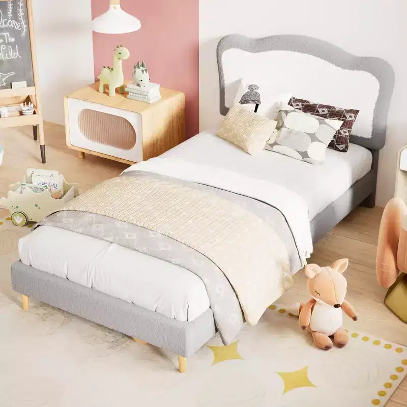 Cadre de lit simple/simple XL/double pour enfant avec jolie tête de lit, lit pour enfant, plateforme en velours, silencieux, sans sommier tapissier