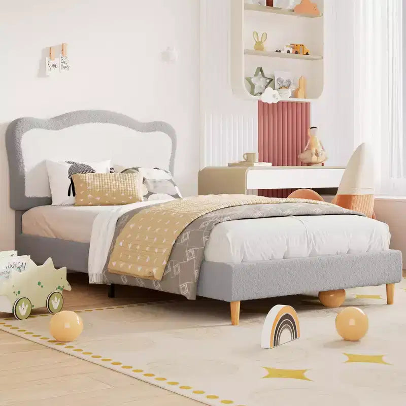 Cadre de lit simple/simple XL/double pour enfant avec jolie tête de lit, lit pour enfant, plateforme en velours, silencieux, sans sommier tapissier