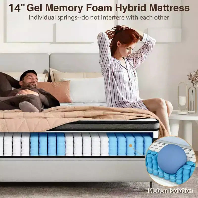 Matelas en boîte Queen Size, matelas en mousse à mémoire de forme de 14 pouces avec gel pour des nuits fraîches et un soulagement de la pression, sensation moelleuse moyenne avec isolation des mouvements