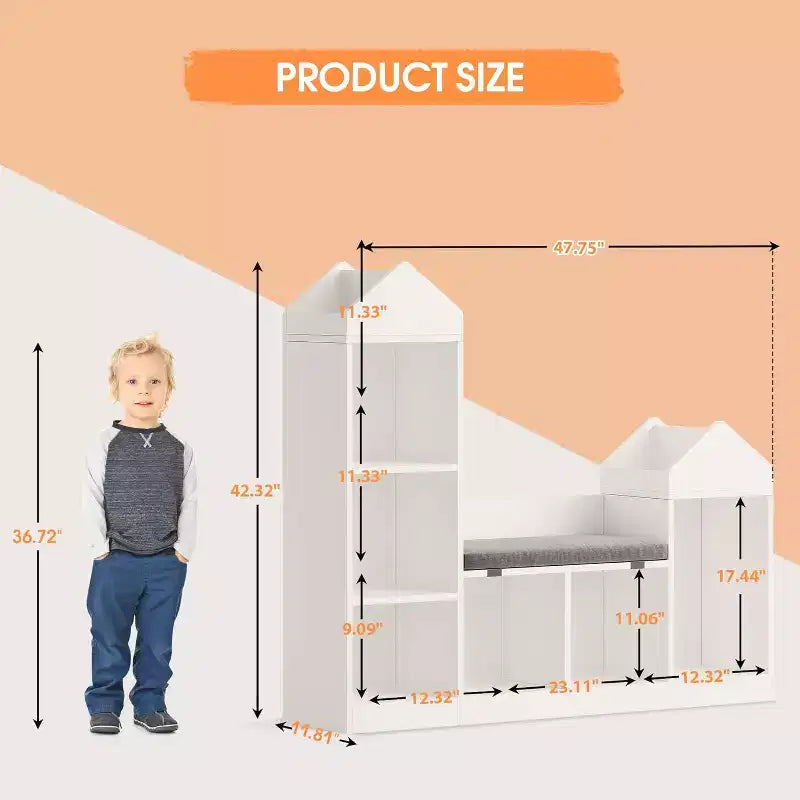 Étagère à Livres pour Enfants, Bibliothèque Enfant 6 Casiers, Organisateur de Rangement de Jouets, Banquette de Rangement en Bois avec Coussin pour Chambre d'Enfant, Salon, Bureau